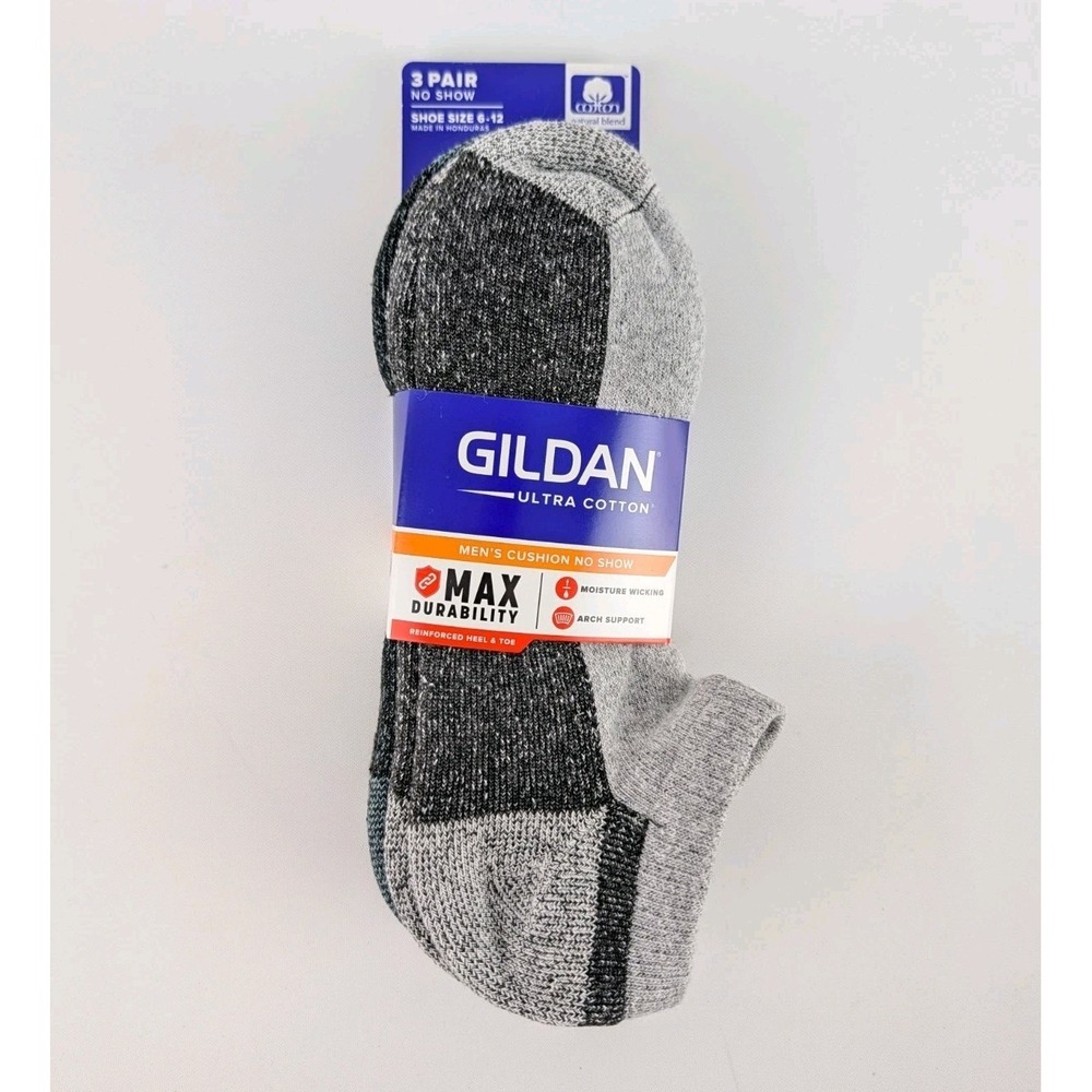 Gildan Men's Max Durability No Show Socks 3 Pair Pack Grey Sz 6-12 Cushion New